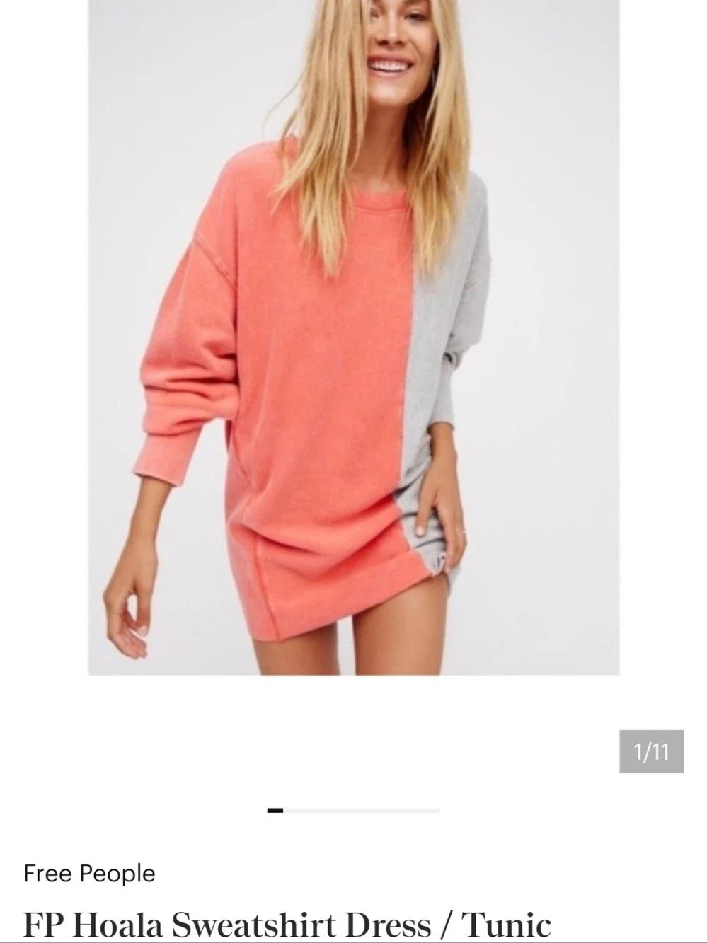 Free People Coral and Light Gray Colorblock Sweatshirt Tunic